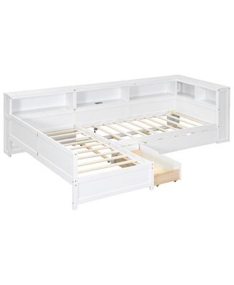 Wood Twin L-shaped Platform Bed with Trundle & Drawer