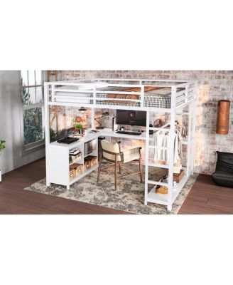 Metal Loft Bed with Wardrobe, L-shaped Desk & Storage - Full Size