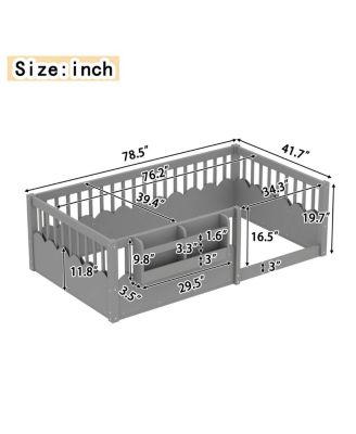  Twin Floor Bed with Fence & Bookshelf, Wood Kids Bed