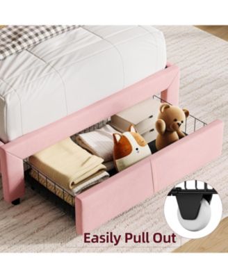Twin Bed Frame with Storage Headboard, Velvet Upholstered Platform Bedframe for Kids, Girl Bed, Strong Wooden Slats, Noise-Free, Easy Assembly