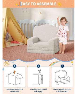 Kids Couch, 2-in-1 Comfy Toddler Couch Fold Out, Convertible Sofa to Lounger Foam Kids Chair with Soft Sherpa