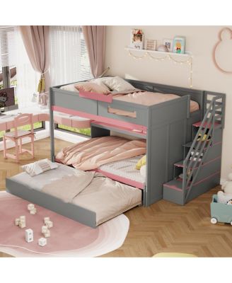  Full Over Full Bunk Bed with Twin Size Trundle and Staircase, Shelves, LED