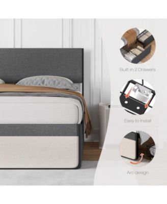 Upholstered Size Platform Bed Frame with 2 Storage Drawers and Headboard, Mattress Foundation with Steel Slat Support