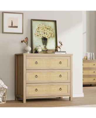 Rattan Dresser for Bedroom, Chest of Dressers 29" Tall Dresser for Closet with 3 Rattan Drawers Chest with Clothes Storage Cabinet