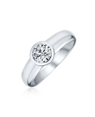 Modern Simple 1CT Cubic Zirconia CZ Bezel Set Round Solitaire Promise Ring Sterling Silver Plain Band