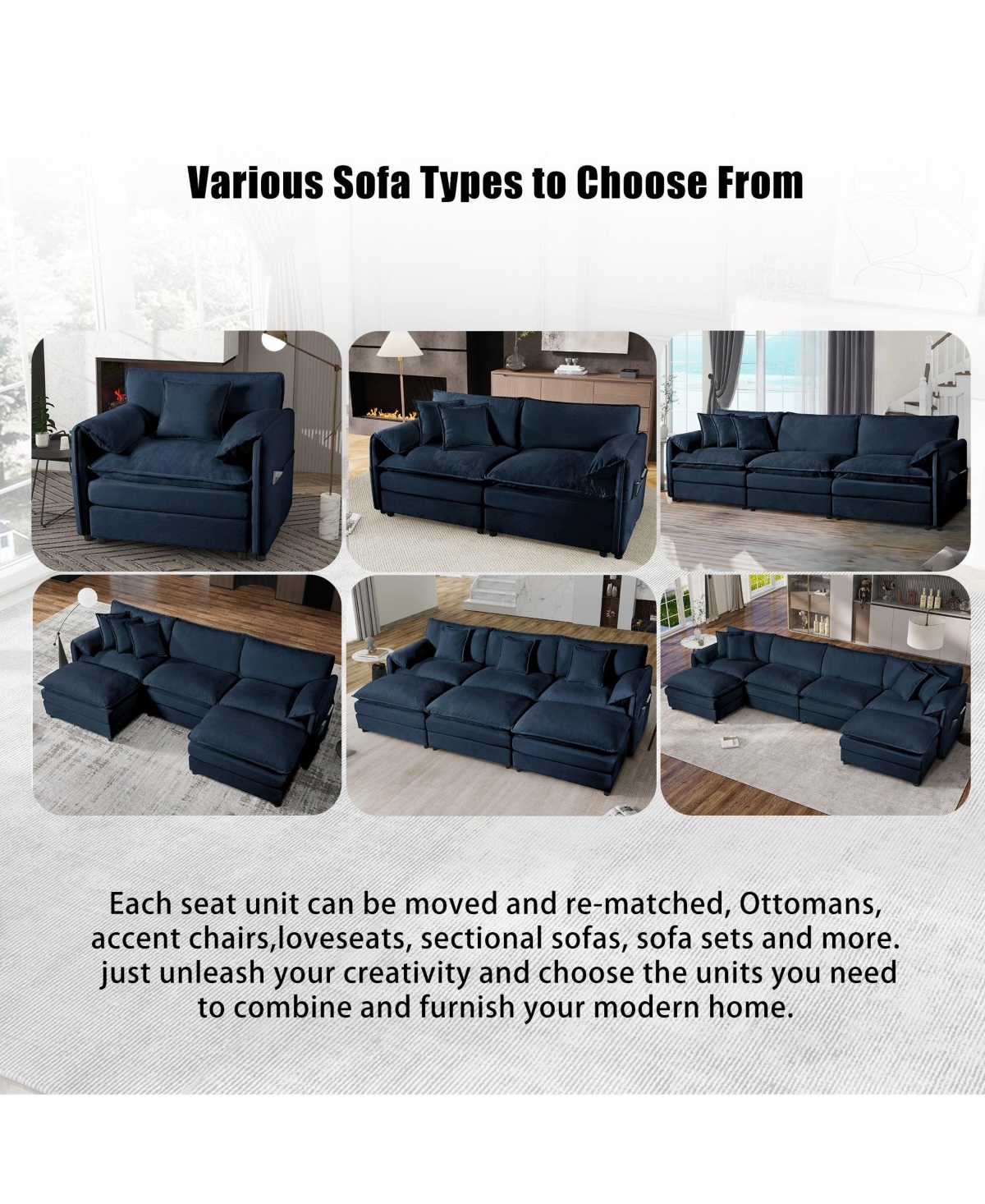 Boyel Living Modular Sectional Sofa, Oversized Deep Seat U Shaped Couch Set, 3-Seater Comfy Cloud Couches with 2 Movable Ottomans, Diy Combination