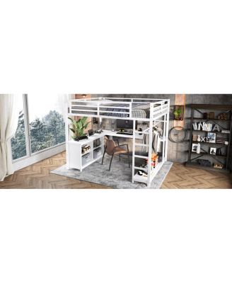  Metal Loft Bed with Wardrobe, L-shaped Desk & Storage