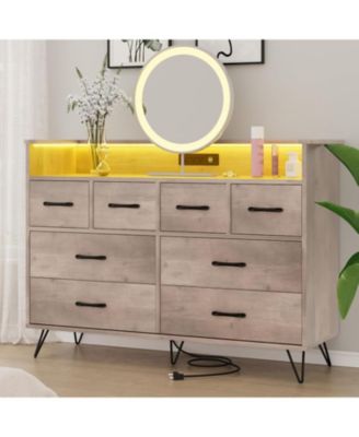 Dresser for Bedroom with LED Light & Charging Station, 8 Drawers with Open Space, Vintage Chest of Wide Drawers for Living Room.