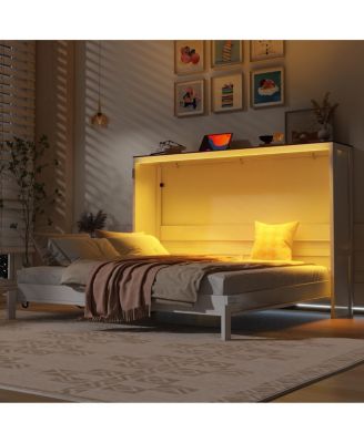 Queen Size Murphy Bed with LED Light, Foldable Cabinet