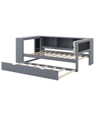 Wood Twin Platform Bed w/Storage, Trundle, Charging Station