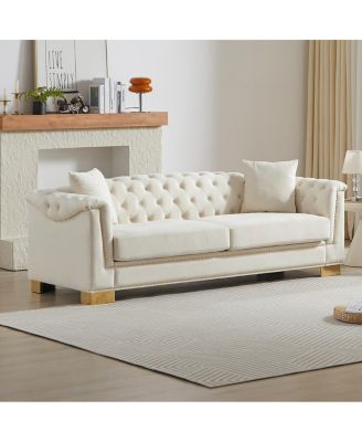 Classic Modern Sofa, 84-inch Chesterfield with Rolled Arms and Tasseled Clouds in Velvet