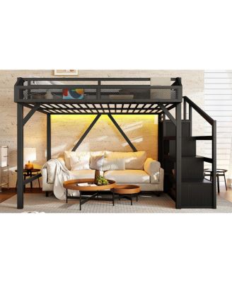 Full Loft Bed with Storage Stairs, Shelves, Wardrobe, USB, LED Lights