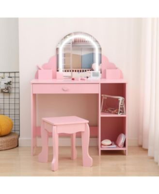 Kids Vanity with Lighted Mirror - 2 in 1 Little Girls Vanity Table and Stool - Kids Makeup with Drawer and Open Shelves for 3-9 Yrs Girls