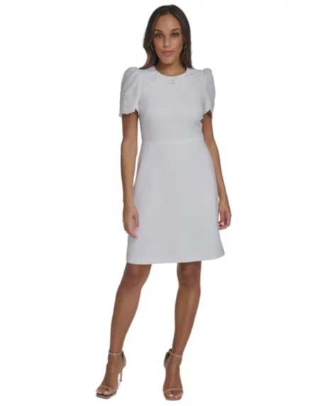 Petite Laser-Cut Trim Detail Fit & Flare Dress - Ivory