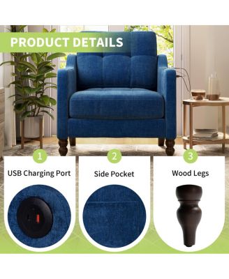 Accent Chenille Chair w/USB, Mid+, Soft+, High-support Sponge, Ergonomic Backrest, Wooden Legs, Storage