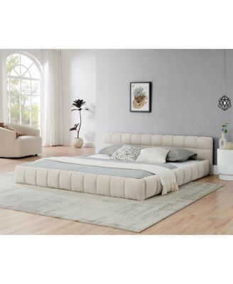 King size upholstered bed frame with chenille fabric, no box spring needed