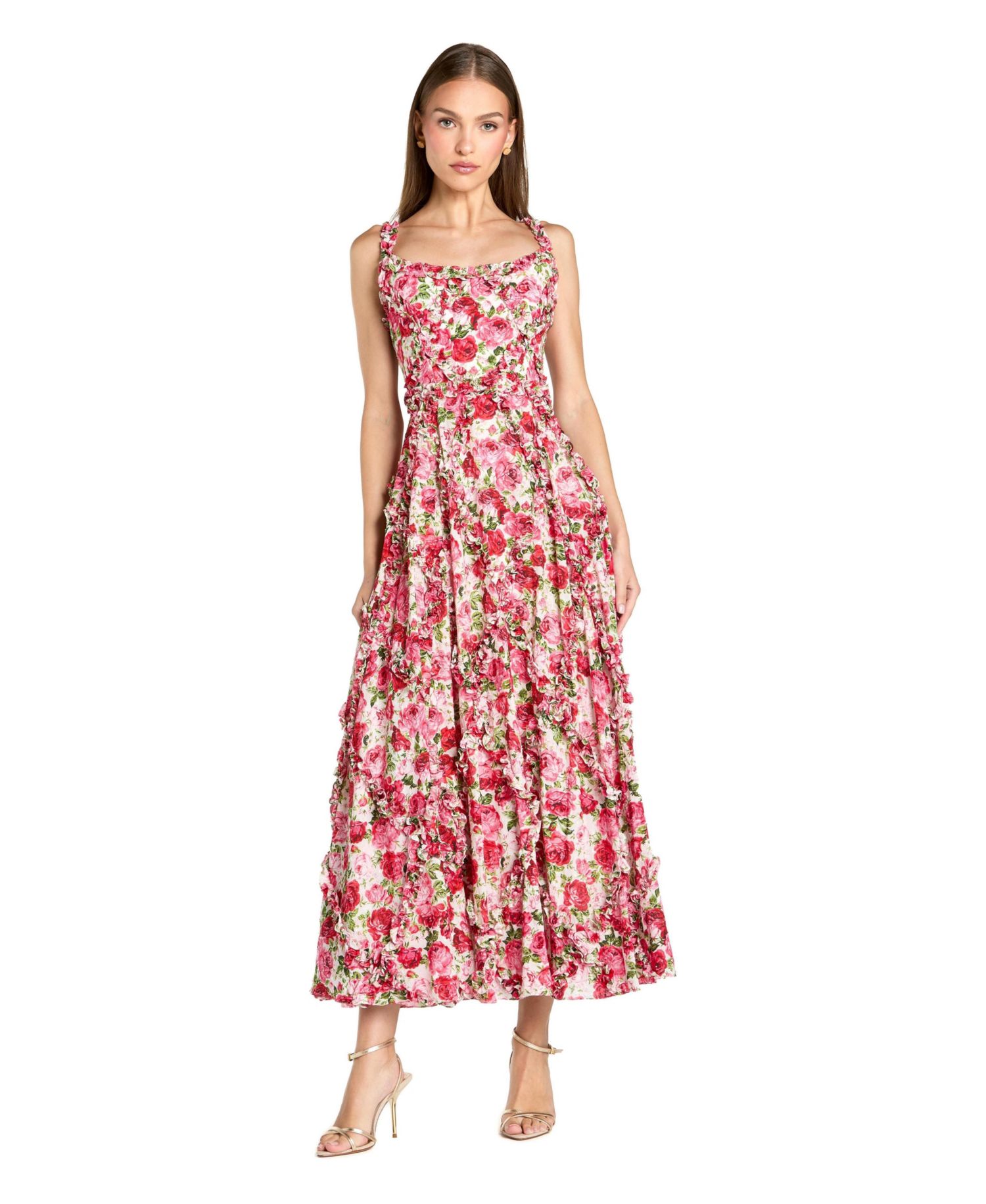 Women's Floral Cotton Ruffle Square Neck Ankle Dress