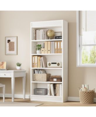 Tall Farmhouse Bookcase – 5-Tier Bookshelf with Fluted Design and Display Rack, Rustic Wood Freestanding Book Shelf for Office, Library