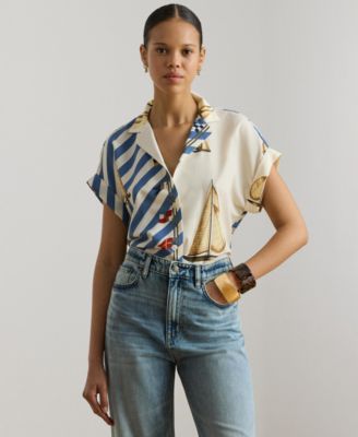 Women's Striped Sailboat-Print Collared Camp Shirt
