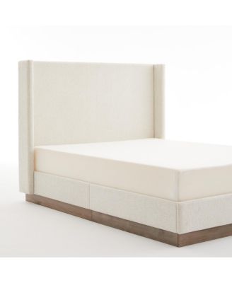 Queen Textured Ivory Canvas Wingback Platform Bed - No Box Spring Needed