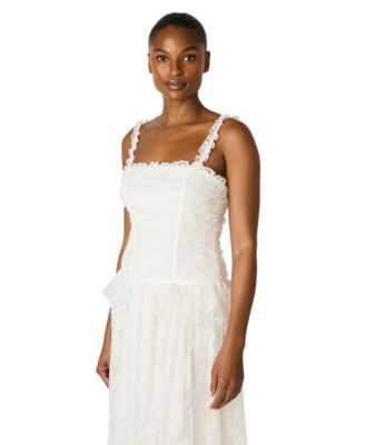 Ruched Chantilly Lace Drop Waist Peplum Maxi Dress