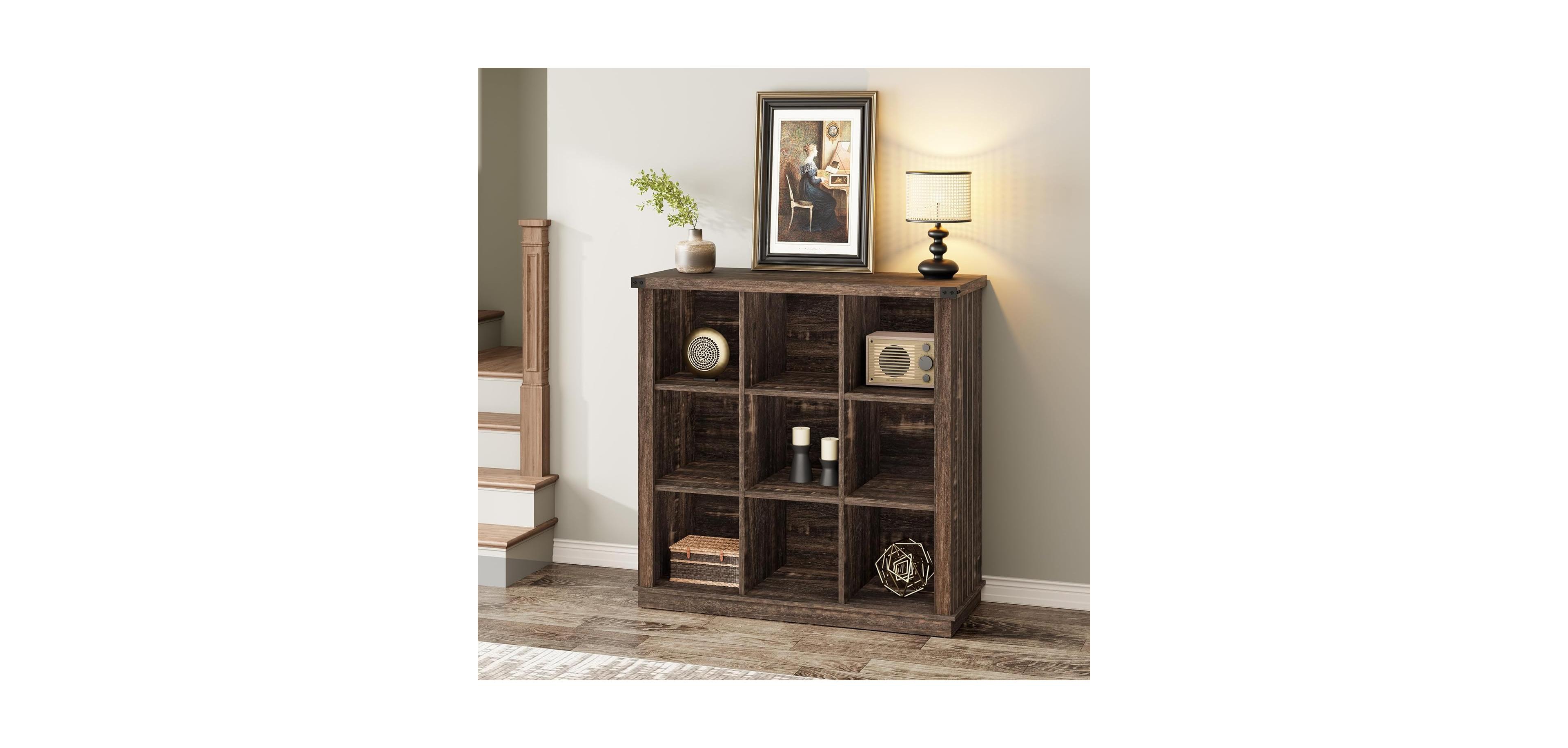 gaomon 9-Cube Storage Organizer Bookshelf – 4-Tier Farmhouse Horizontal Wood Bookcase, 37.4" Long Low Shelf for Entryway, Living R