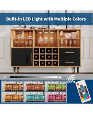 47 Inch Wine Bar Cabinet with LED Lights and Charging Station, Modern Wood Coffee Bar with Storage Sideboard for Living Room and Dining Room