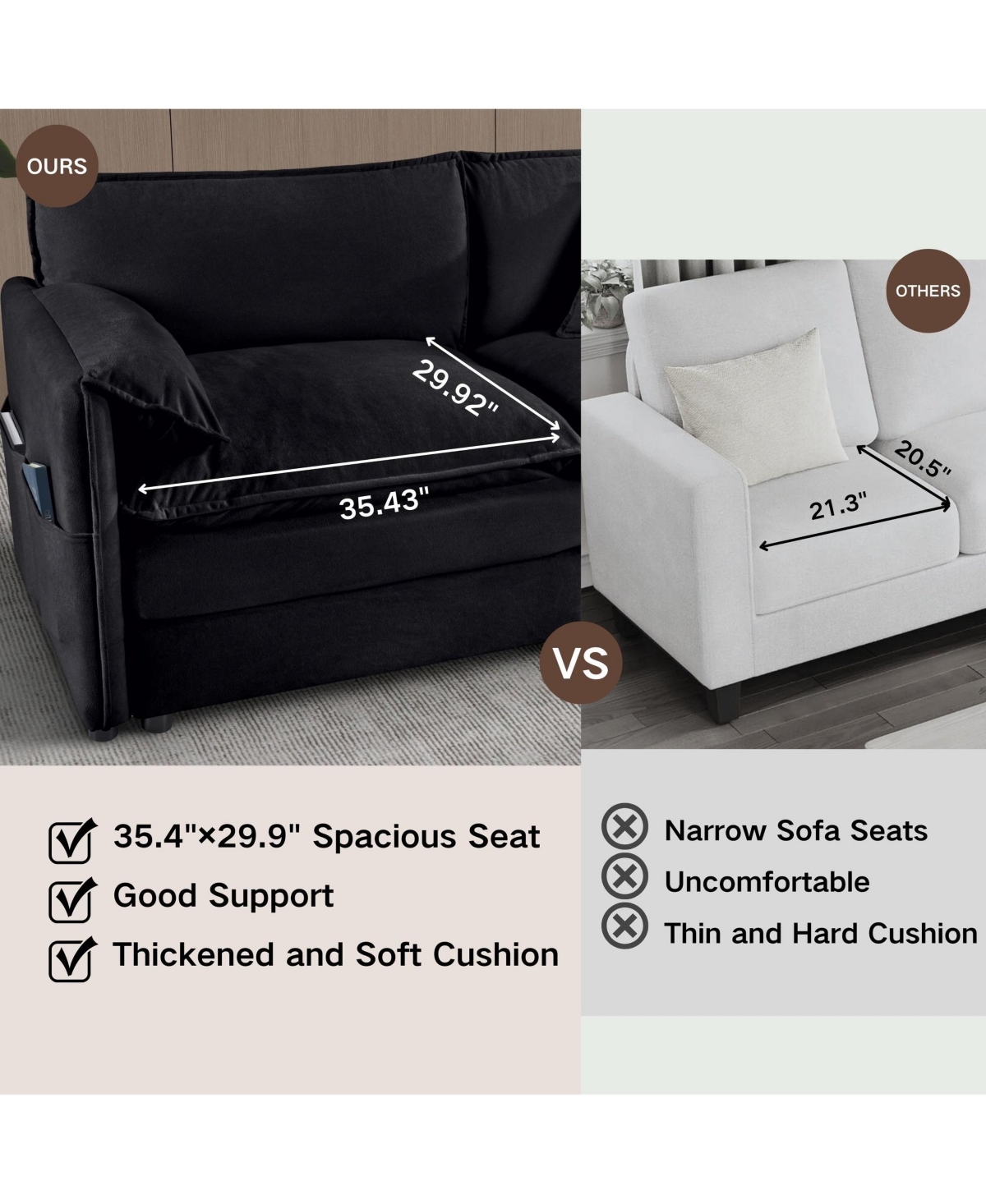 Boyel Living Modular Sectional Sofa , 3-Seater Comfy Cloud Couches with Movable Ottoman, Chenille