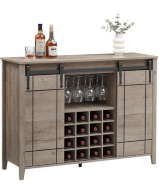 47 Inch Wine Bar Cabinet with Sliding Barn Door Buffet Sideboard Cabinet with 16 Bottle Wine Rack