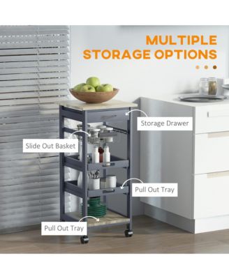 Mobile Kitchen Cart, Solid Wood Frame Utility Cart, Rolling Kitchen Island with Wire Fruit Baskets, Trays and Drawer for Dining Room