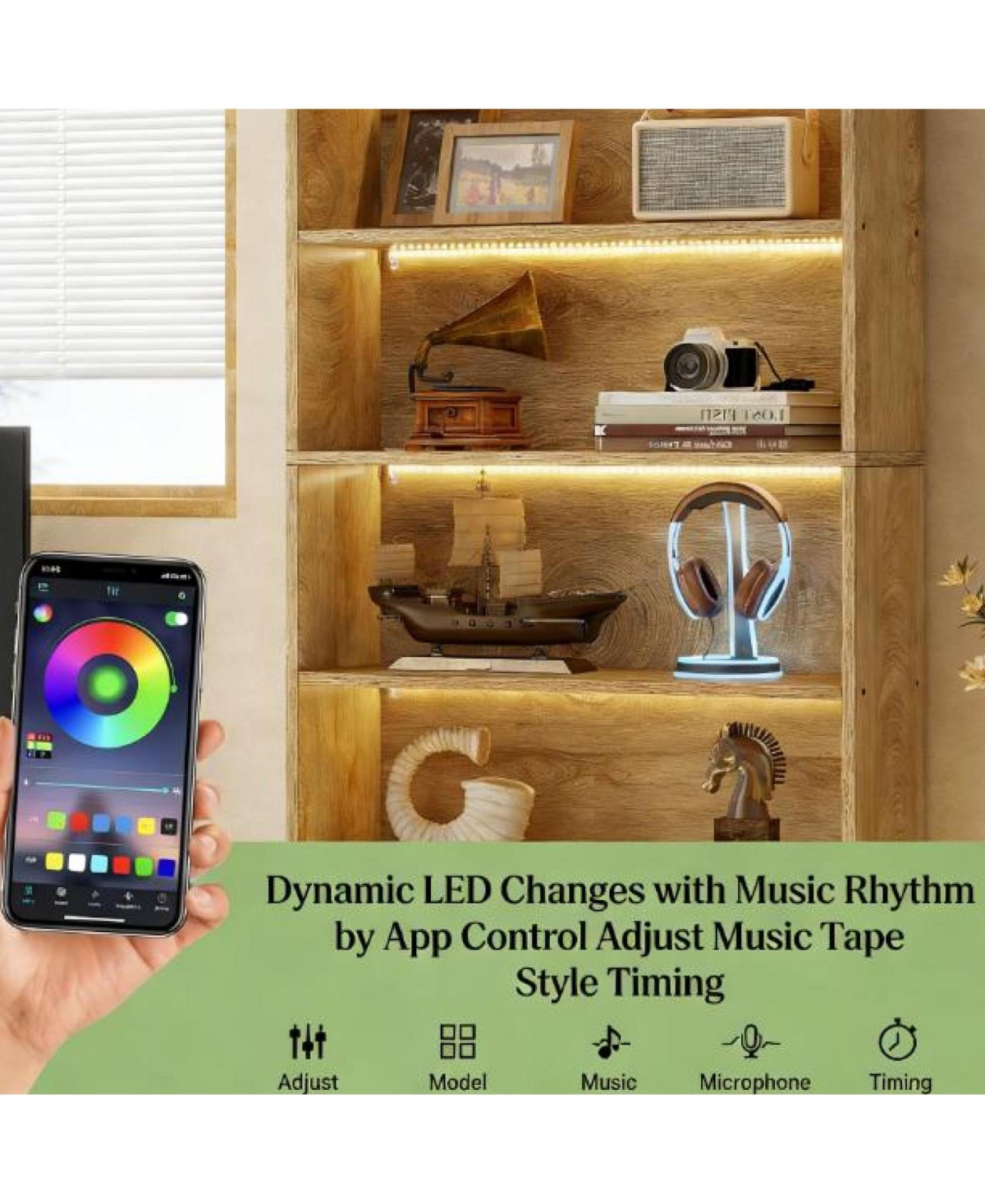 Rainsken Tall Bookcase, 5-Tier Bookshelf with App-Controlled Led Lighting, Closed Back Design and Adjustable Feet for Home Office, Living Room