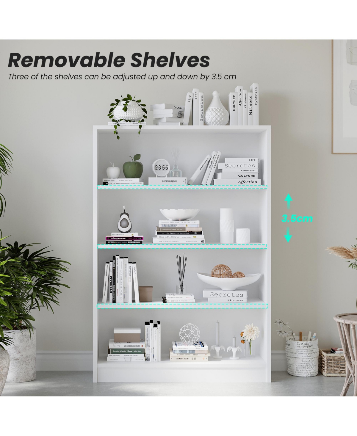 Rainsken 4-Tier Open Storage Shelf, Modern Wood Bookshelf, Wide Bookcase with Adjustable Shelves for Living Room, Home Office and Library