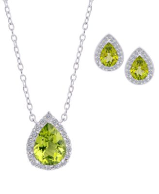 2-Pc. Genuine Peridot (1.80 ct. t.w.) and White Topaz (0.36 ct. t.w.) Pear Pendant Necklace and Stud Earrings Set in Sterling Silver