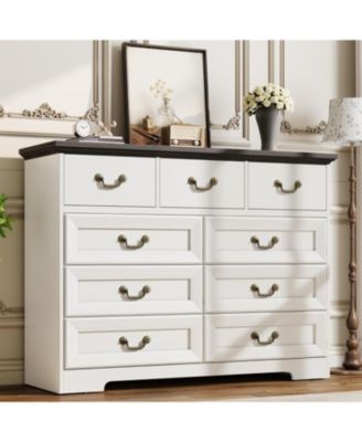 Retro 9-Drawer Dresser, 47.2" Wide Wooden Storage Chest with Metal Handles for Living Room