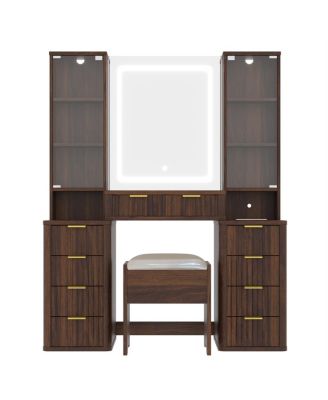 43.5" Fluted Makeup Vanity Desk w/ Mirror, Lights, 10 Drawers