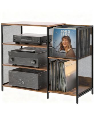 Rustic 6-Tier Media Cabinet with Adjustable Shelves and Record Holder