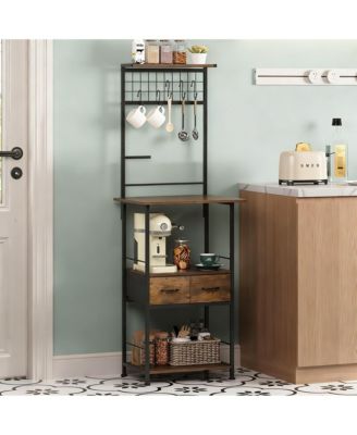 Space-Saving Slim Coffee Bar with 4 Shelves, 2 Drawers, 5 Hooks