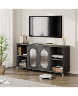 Modern Open Rainbow Glass TV Cabinet Stand for 60/65/70 Inch TV, Media Console Cabinet with 2 Corrugated Glass Doors