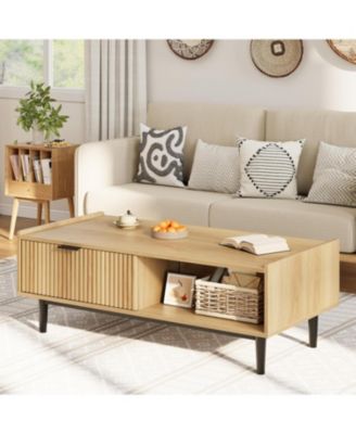 Coffee Table 42.5" Mid Century Modern Center Table with Drawer Fluted Living Room Table