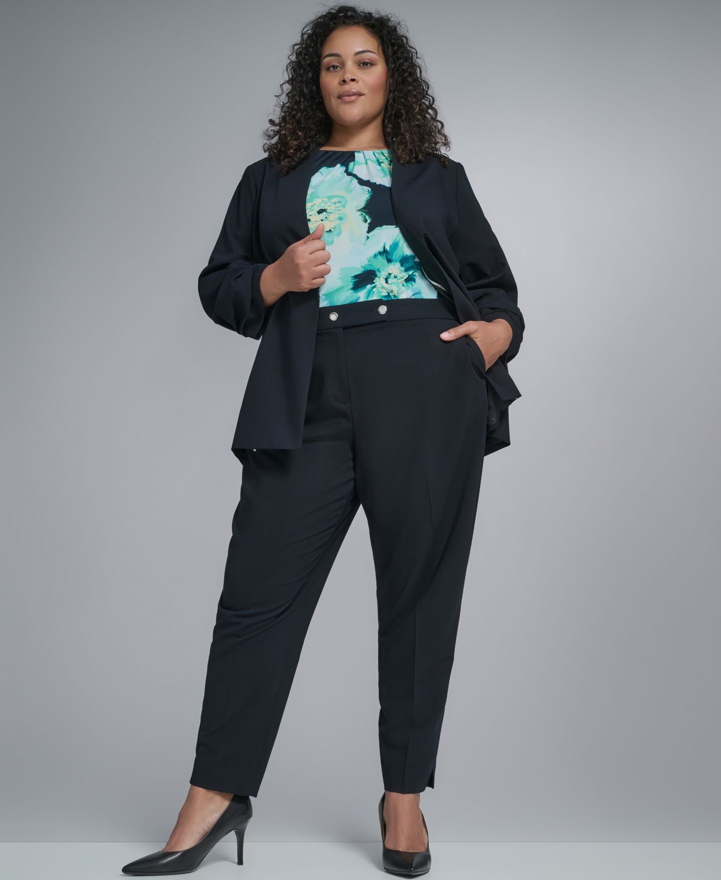 Женский пиджак Calvin Klein Plus Size Collarless Open Front Blazer, цвет: Тёмно-синий — фото 4