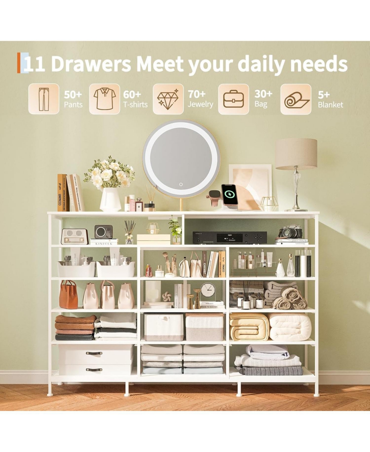 gaomon Dresser for Bedroom with 11 Drawers Featuring Led Light and Power Outlet