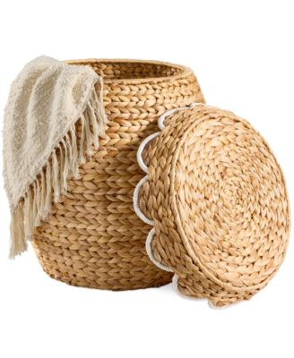 Scalloped Water Hyacinth Storage Tote Basket with Lid