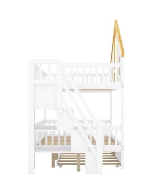 Streamdale Full Size Wooden House Roof Bunk Bed with Storage Staircase