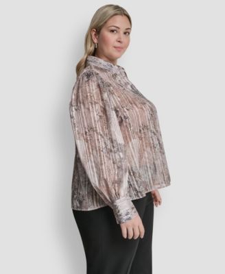 Plus Size Collared Neck Long-Sleeve Top