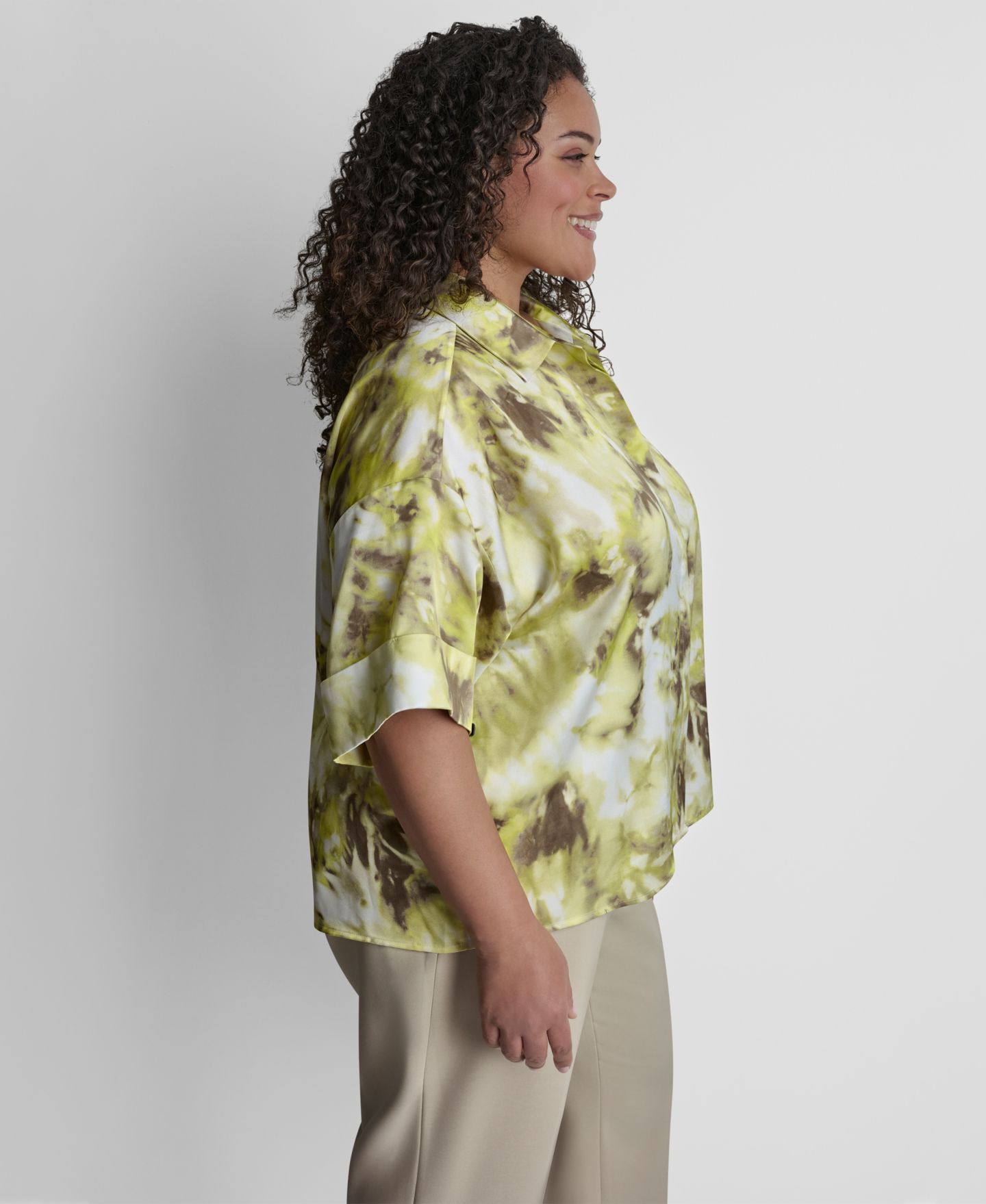 Женский топ DKNY Plus Size Collared Neck Satin, цвет: Шалфейный / Лаймовый зелёный — фото 3