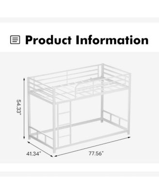  Twin Over Twin Metal Bunk Bed with Guard Rails & Ladder, Space-Saving