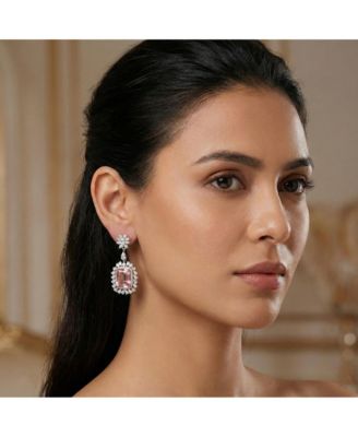 White Gold Plated Pink & Clear CZ Halo Drop Statement Earrings