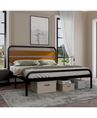 King Bed Frame with Wood Headboard, Mid-Century Modern Bed Frame, Metal Platform Bed Frame/No Box Spring Needed/Noise-Free
