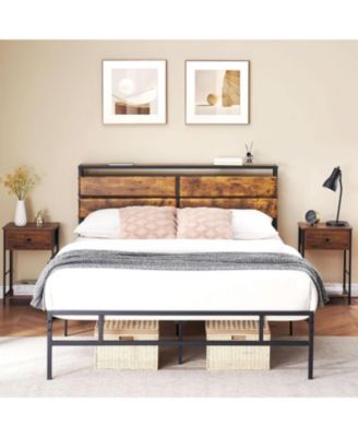 Queen Bed Frame with Storage headboard Metal Platform Bed Frame Queen Size Bed Frame with Rustic Vintage Wood
