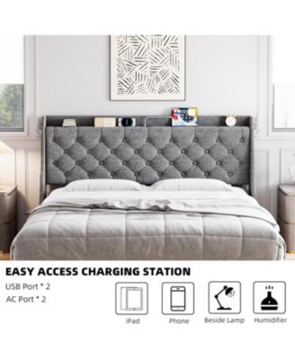 King Size Platform Bed Frame with Storage Headboard & USB Charging Station | Button Tufted Upholstery, Noise-Free Design